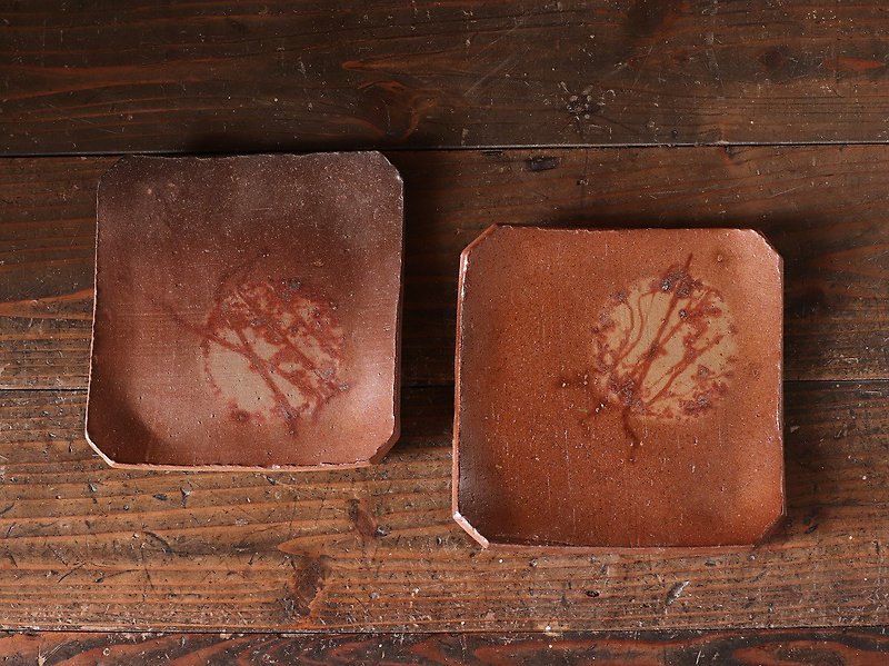 Bizen ware square plate, set of 2 (19cm) sr1-030 - จานและถาด - ดินเผา สีนำ้ตาล