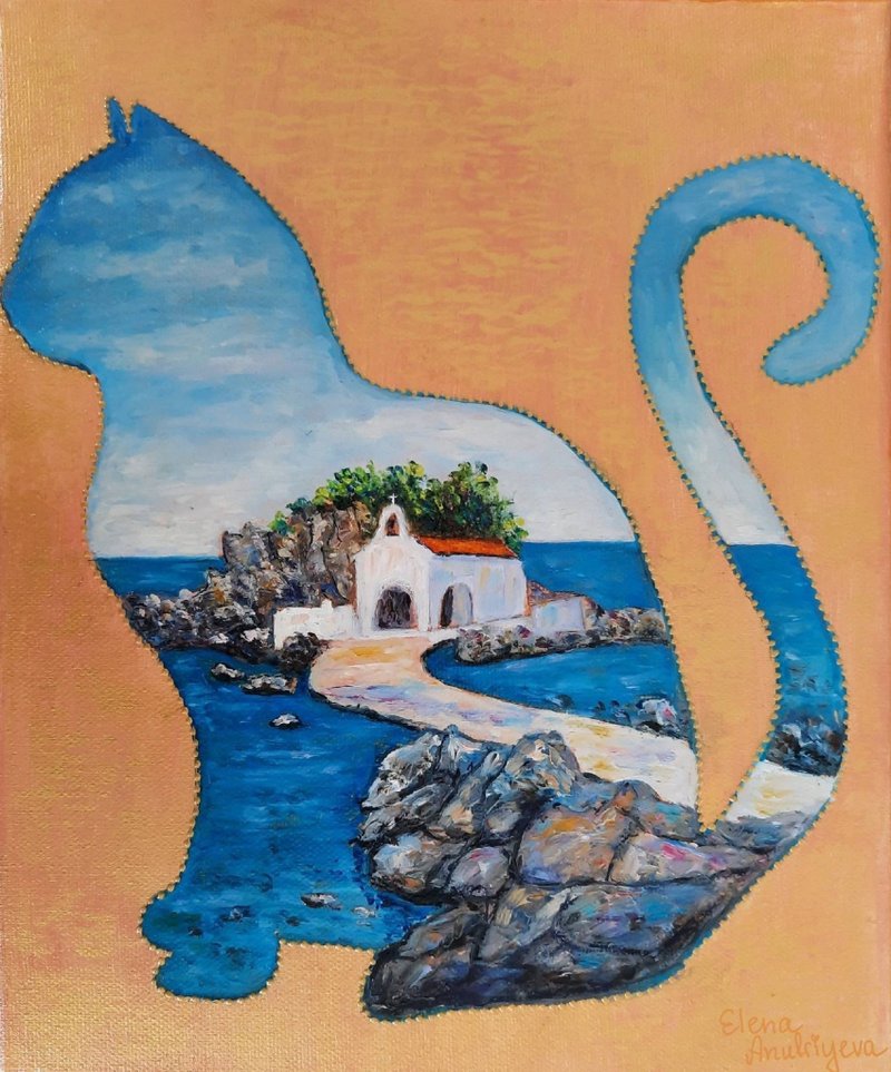 Cat silhouette mixed media artwork, Greek temple original wall art, sea painting - Wall Décor - Eco-Friendly Materials Multicolor