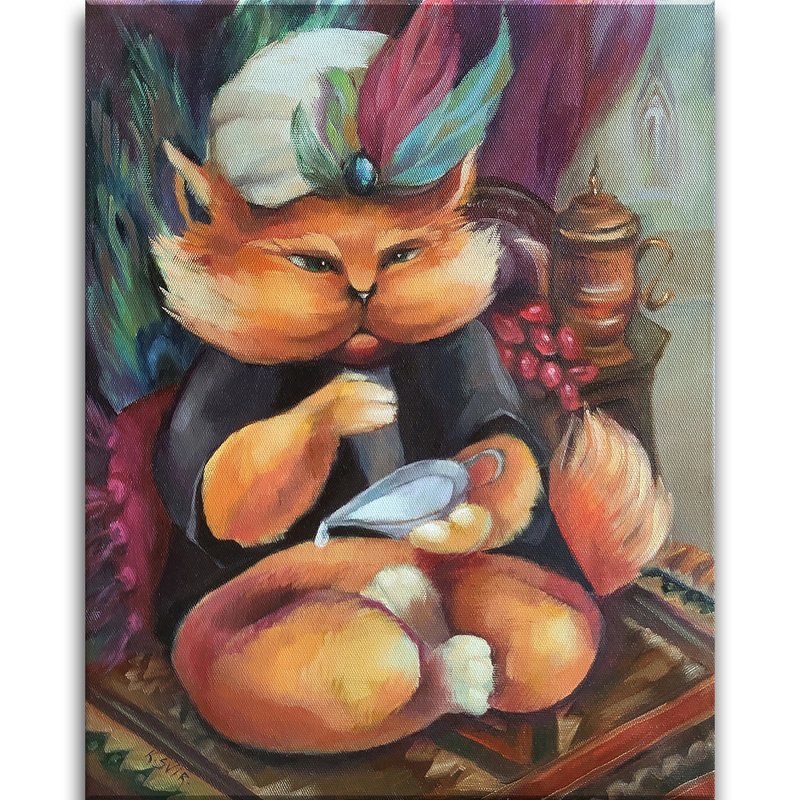 Cat Painting Whimsical Original Art Animal Oil Painting on Canvas Wall Art - 海報/掛畫/掛布 - 棉．麻 多色