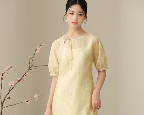 初蟬 新中式復古中國風 夏季禪意茶服 寬鬆氣質提花洋裝