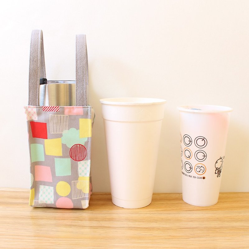 幾何圖案撞色-淺色款飲料提袋(大) 環保杯袋 冰霸杯袋 - 飲料提袋/杯袋/杯套 - 棉．麻 