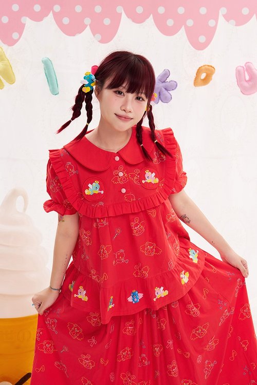 暖和光NIKKOU 動物天使重工刺繡紅色娃娃衫襯衫 可愛少女日系百搭