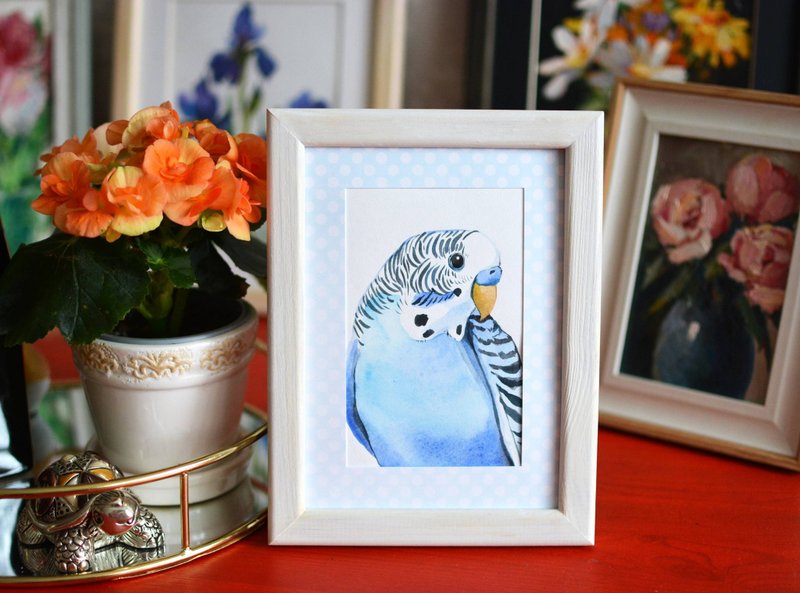 Original Watercolor Painting Modern Painting Blue Budgerigar Bird Art 13x18cm - Illustration, Painting & Calligraphy - Paper Blue