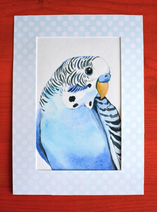 インコ　絵画 オリジナル水彩画現代絵画ブルーセキセイインコ鳥アート 13x18cm