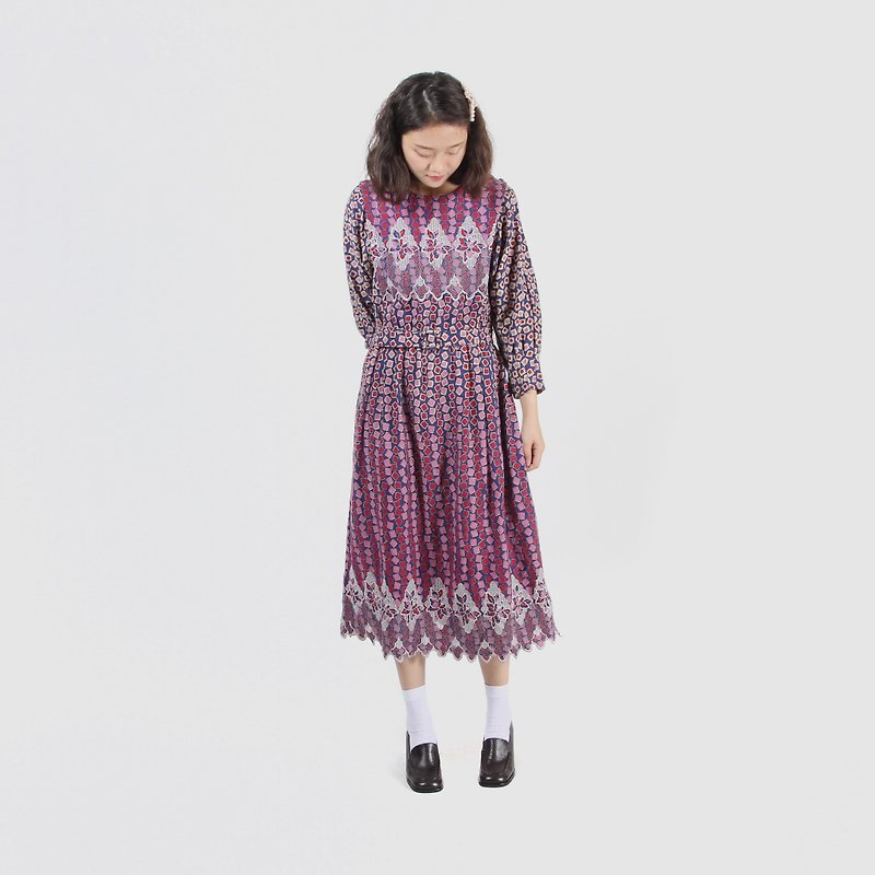 [Egg plant vintage] glazed sugar cubes thin hair embroidery printing vintage dress - One Piece Dresses - Wool Purple