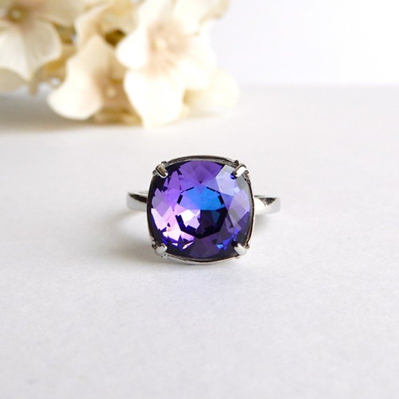 Blue-purple large crystal ring with Swarovski free size - General Rings - Glass Purple
