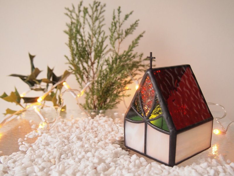 Chapel　聖夜に輝くルビー　: LEDキャンドル専用キャンドルホルダー・ステンドグラス - 燈具/燈飾 - 玻璃 紅色