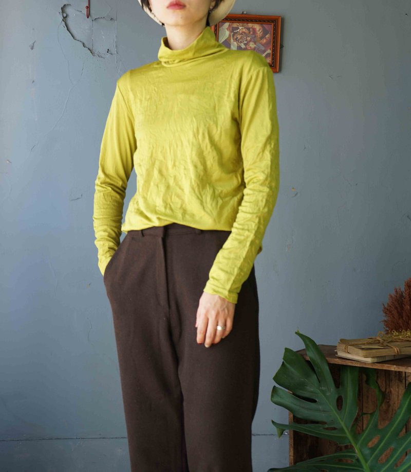 Treasure Hunt Vintage - Wrinkled Mustard Yellow High Neck Single Top - Women's Tops - Polyester Yellow