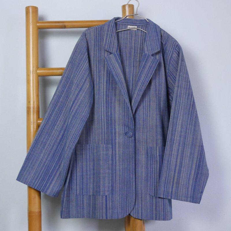 เสื้อทรงเชิ้ตปกเทเลอร์(สีน้ำเงิน-ขาว) - เสื้อแจ็คเก็ต - ผ้าฝ้าย/ผ้าลินิน สีน้ำเงิน