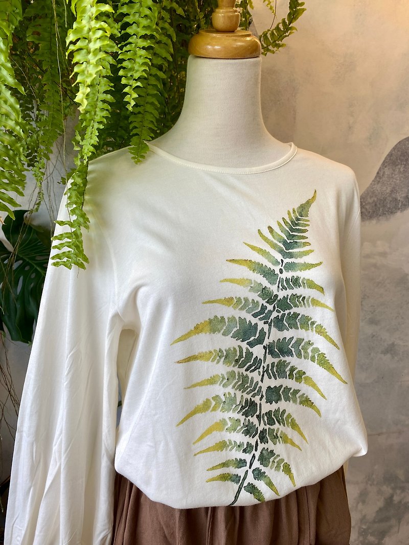 Fern watercolor style 100% organic cotton round neck tie back long sleeve top with palace sleeves - Women's Tops - Cotton & Hemp White