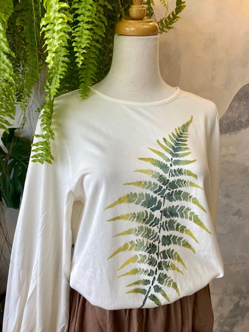 Friendly Cotton 無染棉 蕨類 水彩畫風 100%有機純棉圓領後綁帶長袖上衣 宮廷袖