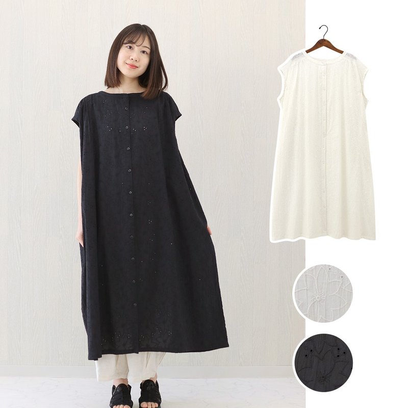 【預訂】印度製 暗花刺繡法式袖連身裙 - 女上衣/長袖上衣 - 棉．麻 黑色