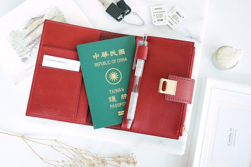 Pre-order丨Yanzhi Red Square Buckle Leather Passport Holder丨Italian Cowhide Free Typing丨 - ที่เก็บพาสปอร์ต - หนังแท้ สีแดง