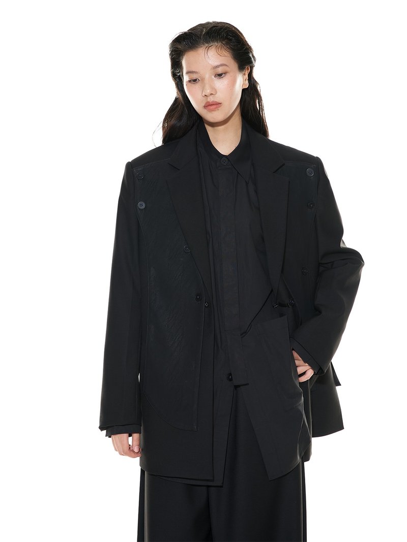 皮料拼接可拆卸西裝男女秋冬黑色中式西服外套 - 女上衣/長袖上衣 - 其他材質 黑色