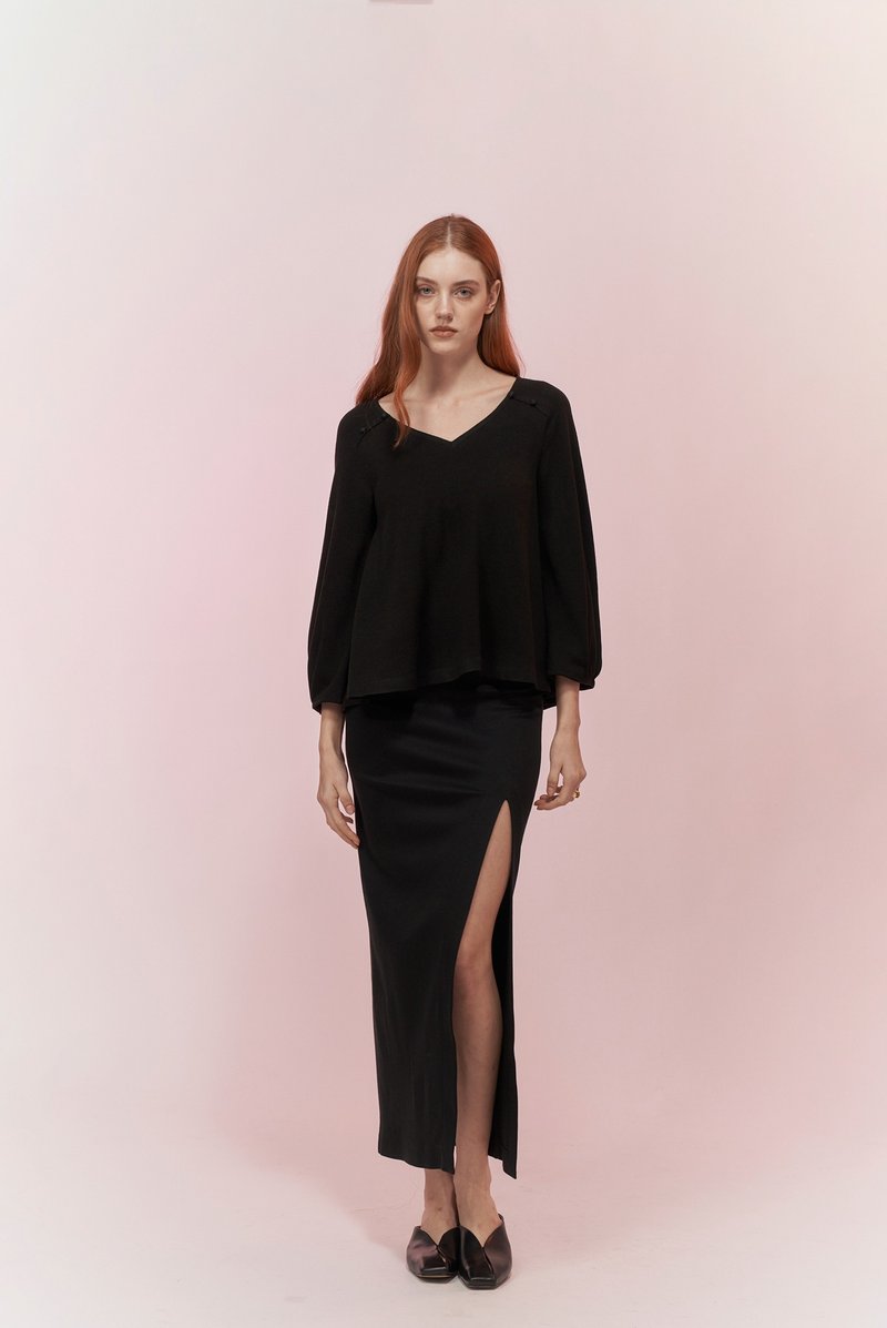 黑色棉針織開衩裙 - 裙子/長裙 - 棉．麻 白色