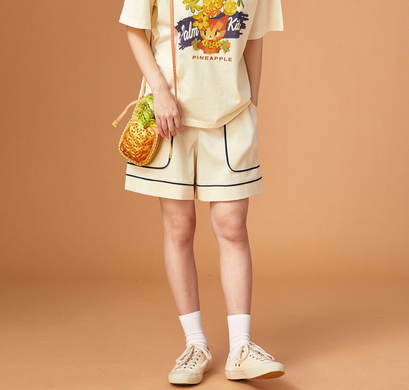 【滾邊奶油】 歐式復古/海軍藍松緊腰短褲 - 女短褲/五分褲 - 其他材質 白色