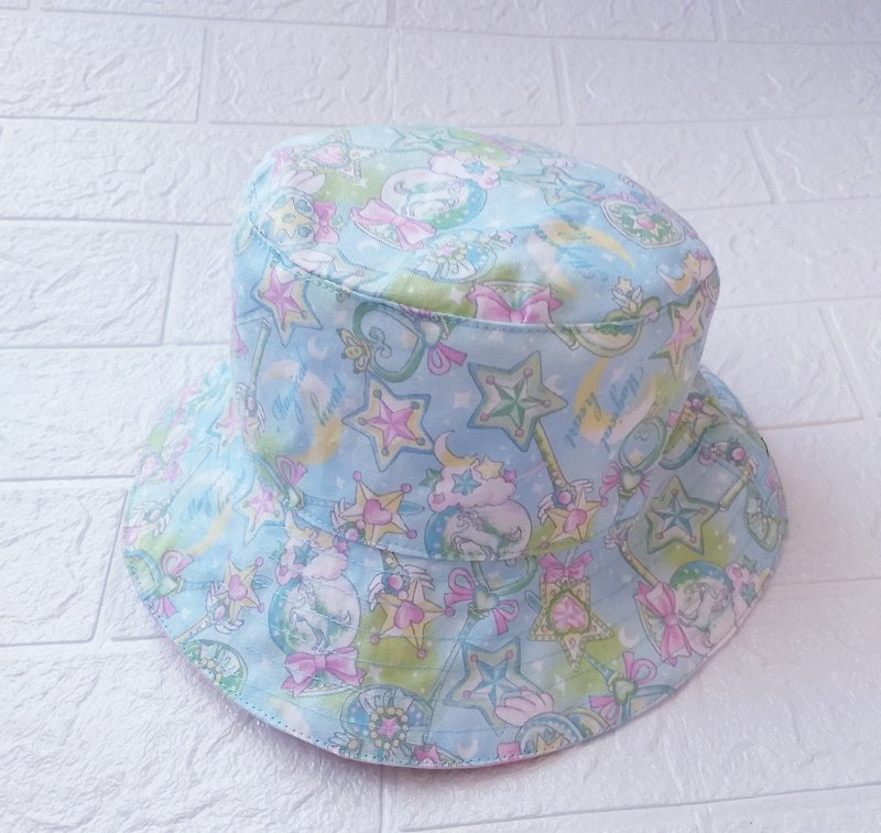 手工製作 - 兒童雙面漁夫帽(粉綠魔法棒) 可加防UV - 帽子 - 棉．麻 綠色