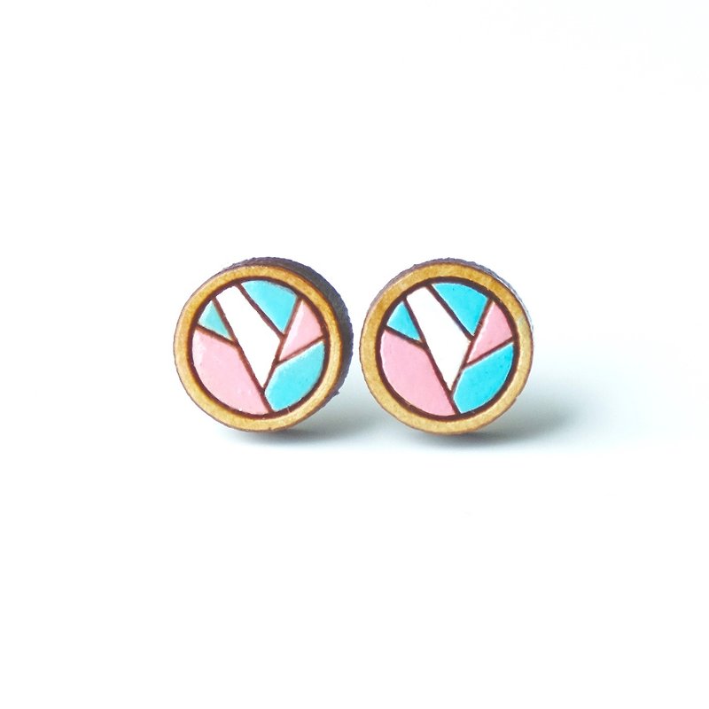 彩繪木耳環-幾何圓(粉紅粉藍) - 耳環/耳夾 - 木頭 粉紅色