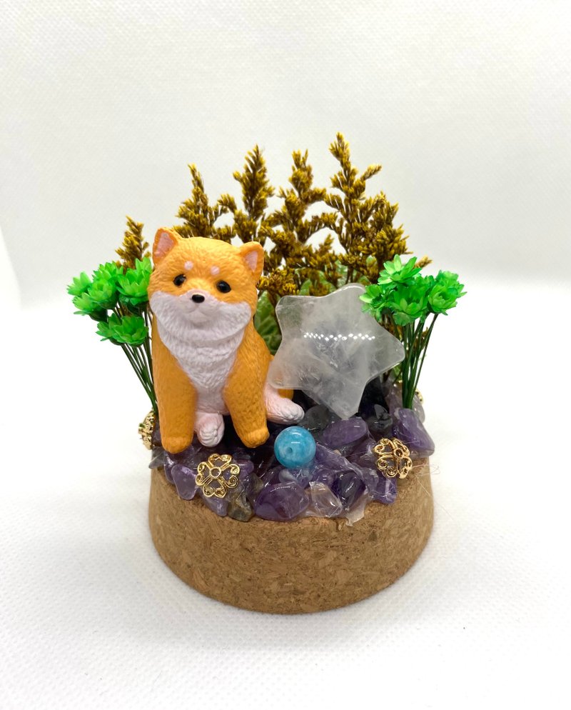 柴犬與白水晶星星/海藍寶-水晶公仔乾燥花擺設 - 擺飾/家飾品 - 水晶 