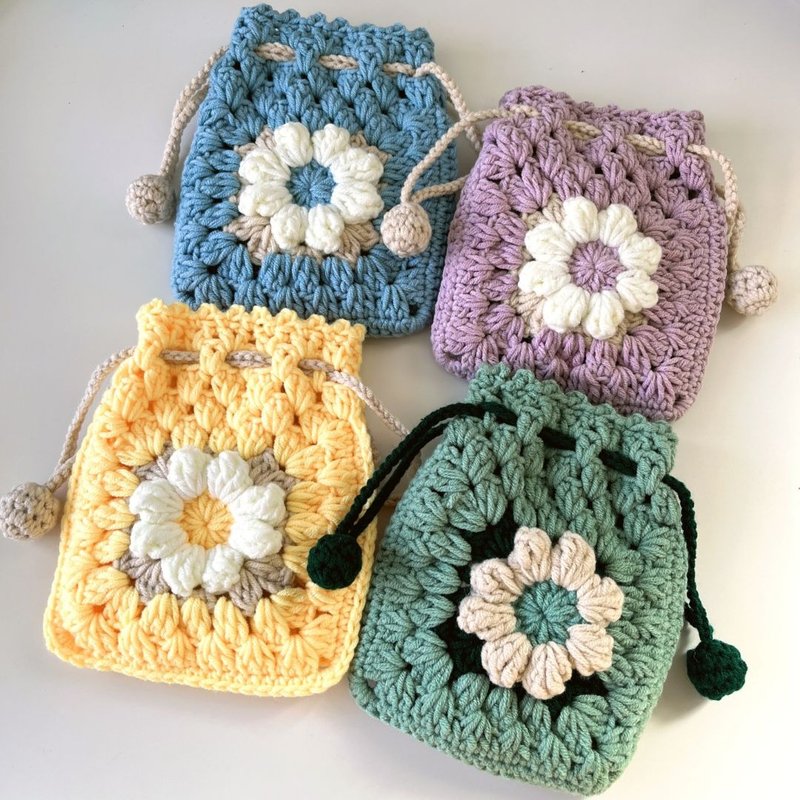 Flower bunch pocket/milk cotton cosmetic bag, lipstick bag, sanitary napkin bag, knitted crocheted small items storage - Drawstring Bags - Cotton & Hemp Yellow