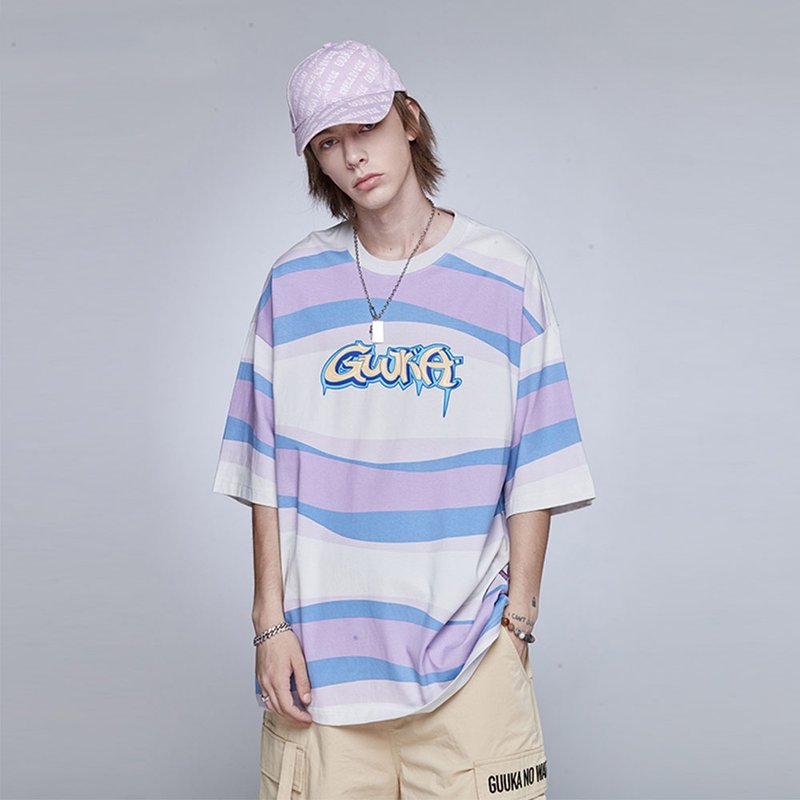 Light purple stripes short sleeve T-shirt man blazer - เสื้อยืดผู้ชาย - ผ้าฝ้าย/ผ้าลินิน 