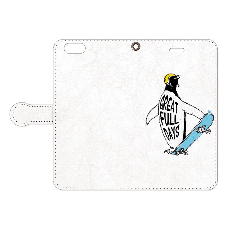 Notebook type iPhone case / SK8 Penguin - Phone Cases - Genuine Leather White