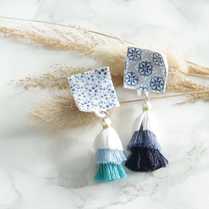 青花瓷耳環 - 耳環/耳夾/耳骨夾 - 塑膠 藍色