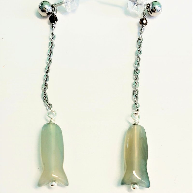 Natural blue chalcedony Stainless Steel pendant earrings (small fish theme) - ต่างหู - เครื่องเพชรพลอย 