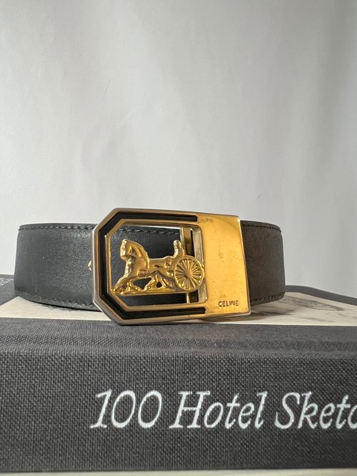 RARE TO GO VINTAGE 日出中古研究所 | 中古名牌選品店 Celine罕有黑色邊框馬車金色扣黑色皮帶 日本中古二手