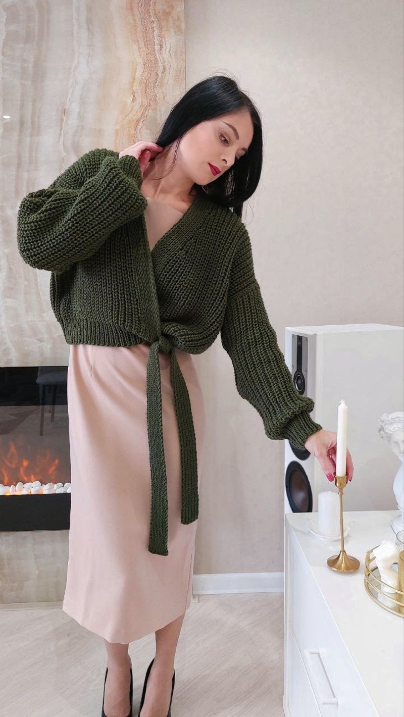 Wrap cardigan for women Wool rib knit sweater with ties V neck knit blouse - 女毛衣/針織衫 - 羊毛 