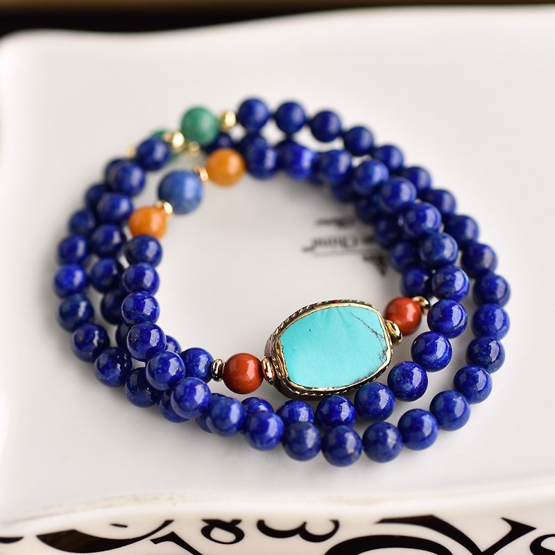 Lapis Lazuli + Tianhe Stone + Red Jasper Three Rings Brass Bead Bracelet - Bracelets - Semi-Precious Stones Blue