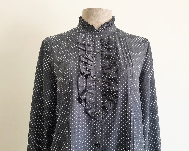 Small Vintage Black White Polka Dot Blouse Womens Ruffle Neck Collar Shirt S - 女上衣/長袖上衣 - 聚酯纖維 黑色