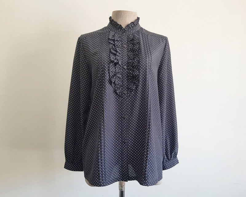 Small Vintage Black White Polka Dot Blouse Womens Ruffle Neck Collar Shirt S - 女上衣/長袖上衣 - 聚酯纖維 黑色
