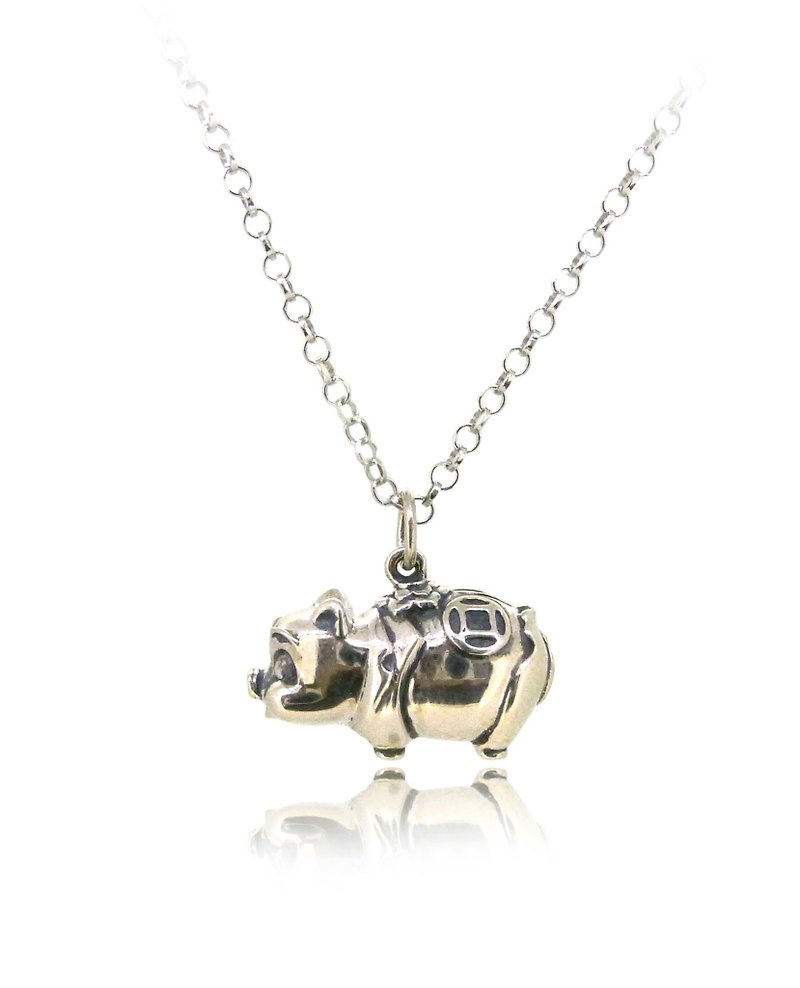 925 Sterling Silver Piggy Bank Shaped Pendant (length 18mm) w/ 18 inch Silver Nl - Chokers - Silver Silver