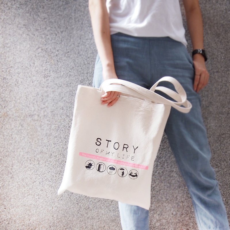 Ma'pin three generations of new Tote my story fluorescent powder / short strap cotton canvas handprint Tote bag - Messenger Bags & Sling Bags - Cotton & Hemp Pink