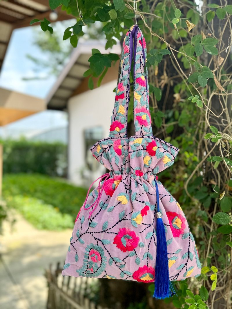 Hand embroidered pink and purple floral rope drawstring bag tote - Drawstring Bags - Silk Pink