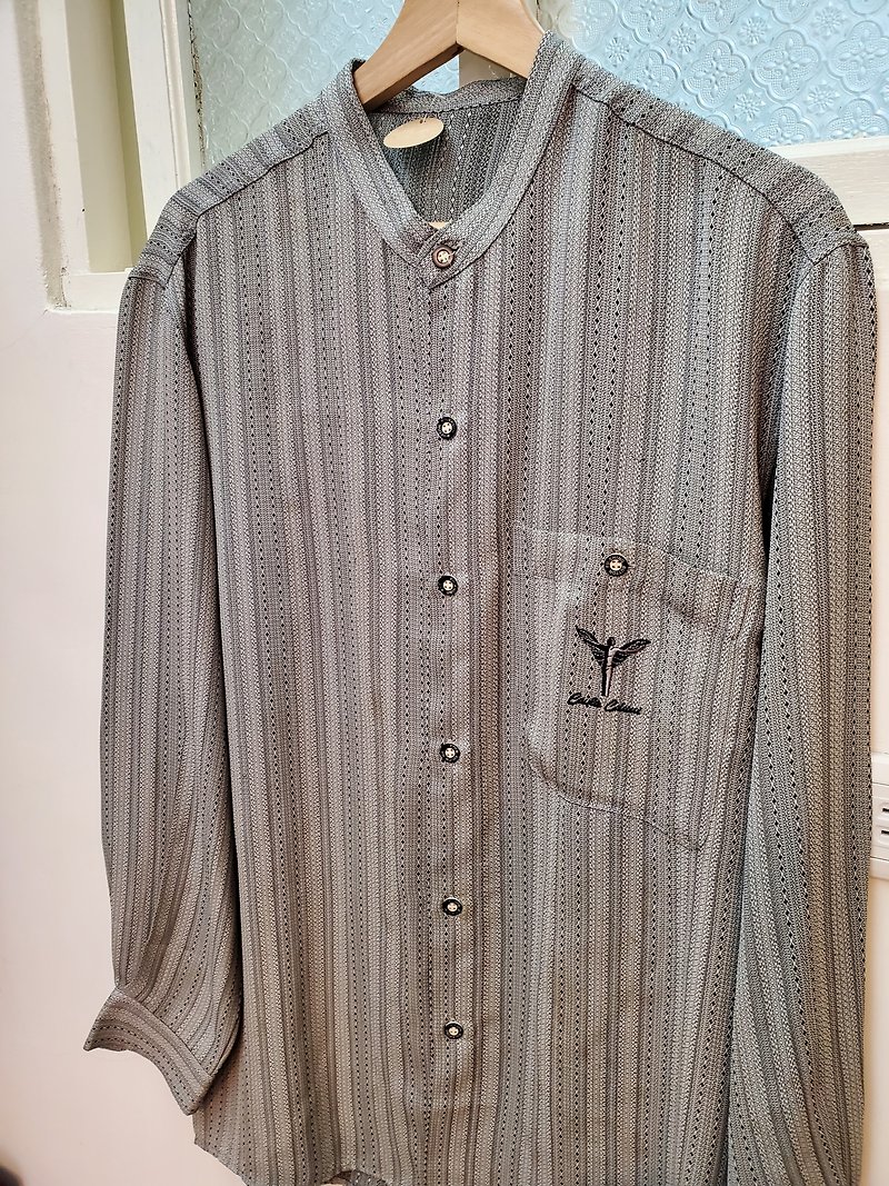 棉．麻 男襯衫/休閒襯衫 灰色 - 有禮貌穿搭 日本古著 德國製造 雪紡 亨利領 條紋 長襯 M號