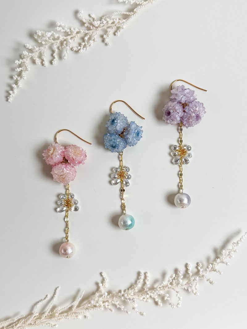 永生花-糖果蠟菊-垂墜棉珍珠耳環 - 耳環/耳夾/耳骨夾 - 植物．花 粉紅色