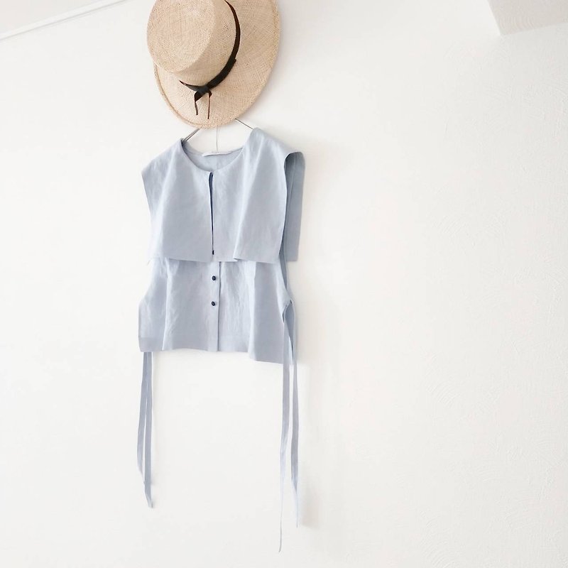 Square collar Linen vest/pale blue - Women's Vests - Cotton & Hemp White