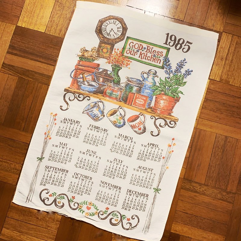 1985 Early American canvas calendar kitchen - ตกแต่งผนัง - ผ้าฝ้าย/ผ้าลินิน หลากหลายสี