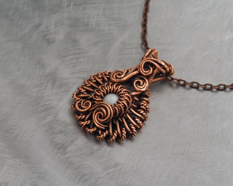 Cacholong Pendant / Art Necklace / Antique Style Wire Wrapped Copper Jewelry - สร้อยคอ - เครื่องเพชรพลอย ขาว