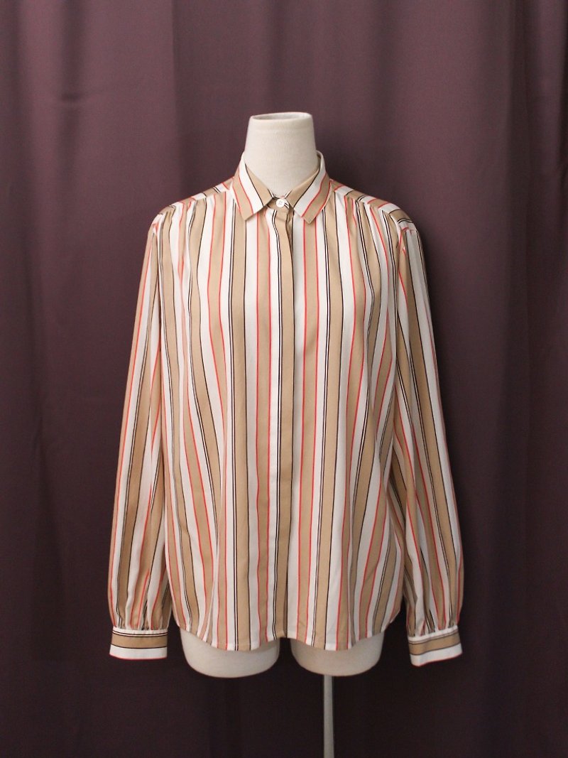 Vintage European Vintage Khaki Stripe Long Sleeve Vintage Shirt Vintage Blouse - เสื้อเชิ้ตผู้หญิง - เส้นใยสังเคราะห์ สีกากี