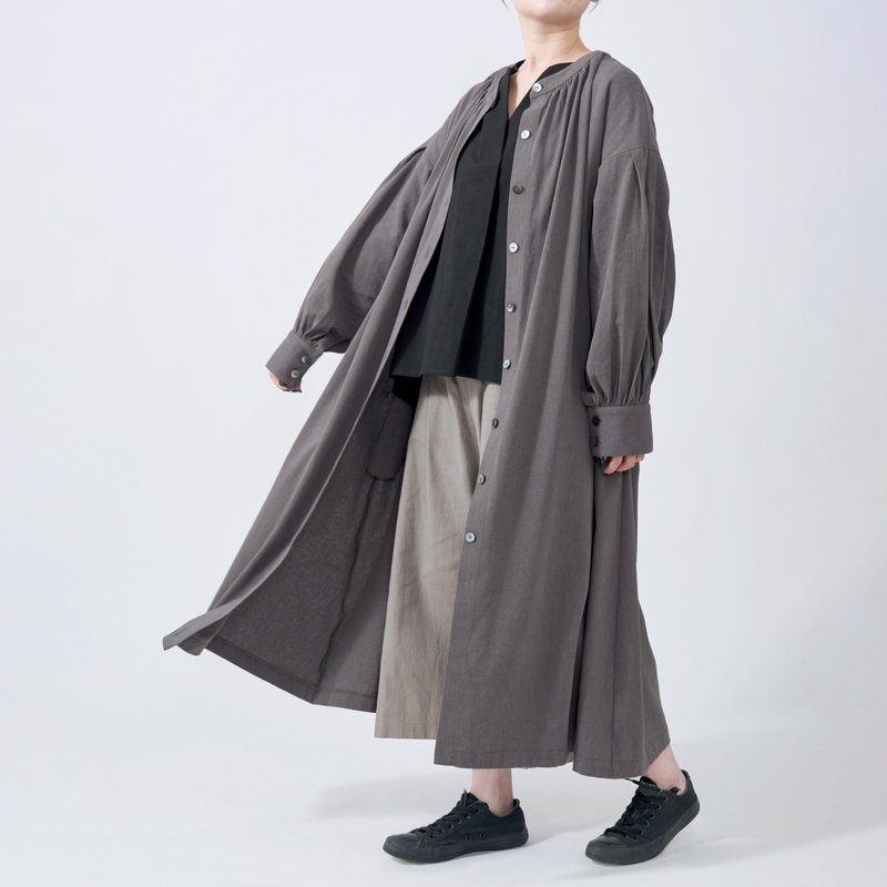開襟長版罩衫 天然棉麻 | 深灰色 - 女大衣/外套 - 棉．麻 黑色