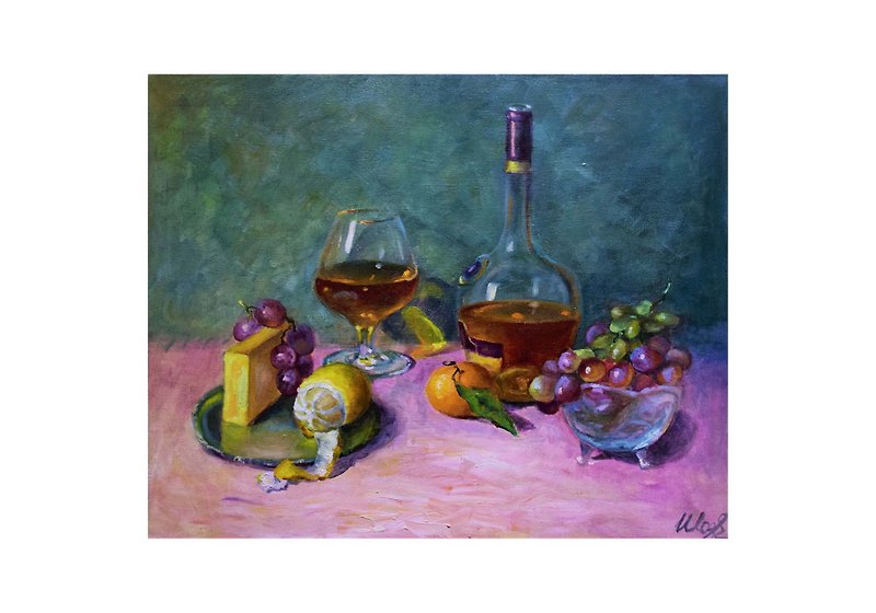 Fruit Still life painting Original Art Whiskey glass Red grape Artwork - Wall Décor - Other Materials Multicolor