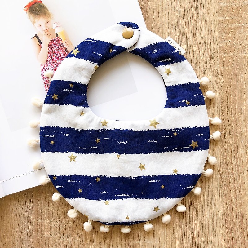 Hand-made bib pocket/six-fold yarn/baby bib/modeling bib/stripe/Japanese/star/double-sided/hair ball - Bibs - Cotton & Hemp 