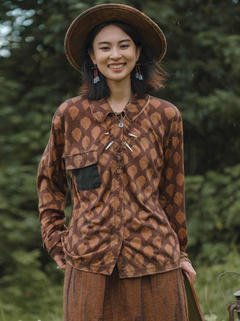 流沙 針織香雲紗拼接翻領襯衣 復古印花襯衫 長袖上衣 - 女襯衫 - 棉．麻 咖啡色