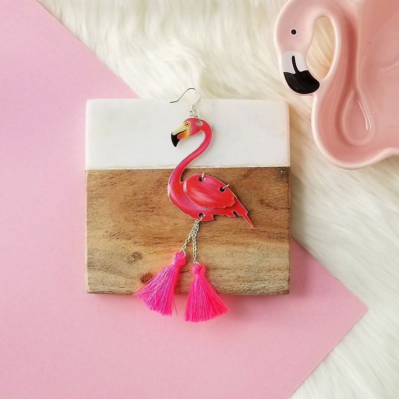 Flamingo with fringes earring - Earrings & Clip-ons - Sterling Silver Pink