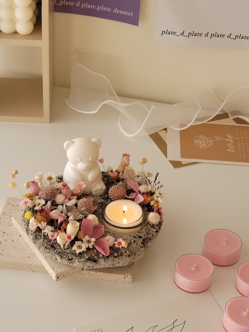 Bear Garden Stone Powder Candle Holder Free Tea Wax 4pcs - Candles & Candle Holders - Other Materials Pink