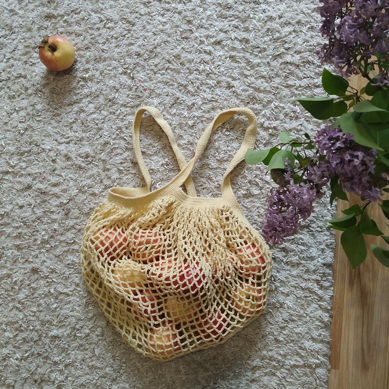 Natural Plaid Bag/ Handmade/ Woven Bag/ Plaid shoulder bag/ Cotton Net Bag - 側背包/斜孭袋 - 棉．麻 金色