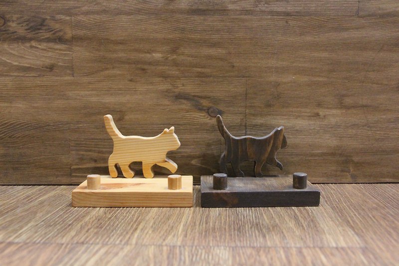 Log multifunctional animal shape small shelf business card holder mobile phone holder [feet-lifting cat] - Phone Stands & Dust Plugs - Wood Brown